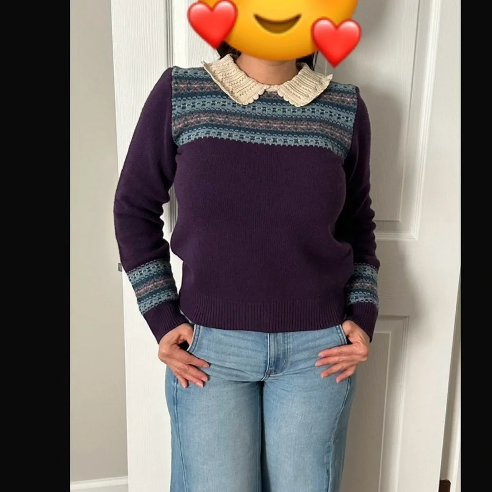 Ralph Lauren Purple Fair Isle Sweater with Cream Lace Collar